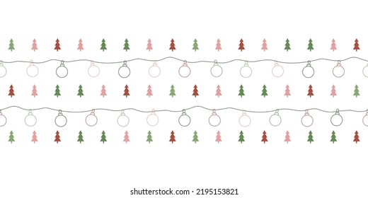 Horizontal border with cute colourful geometric Christmas trees and balls on strings. Abstract seamless vector pattern for wrapping paper, interior decoration and stationary.
