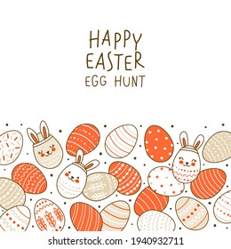 Horizontal border with cute decorated eggs isolated on white - cartoon greeting card for happy Easter design