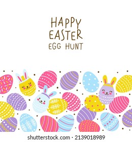 Horizontal border with cute decorated eggs isolated on white - cartoon greeting card for happy Easter design