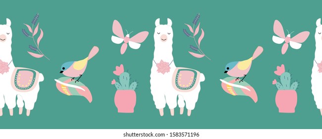 horizontal border with cute llama, perfect to use on the web or in print
