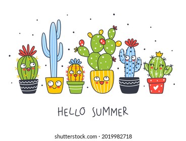 Horizontal border with cute сactus plants isolated on white - cartoon objects for happy summer design