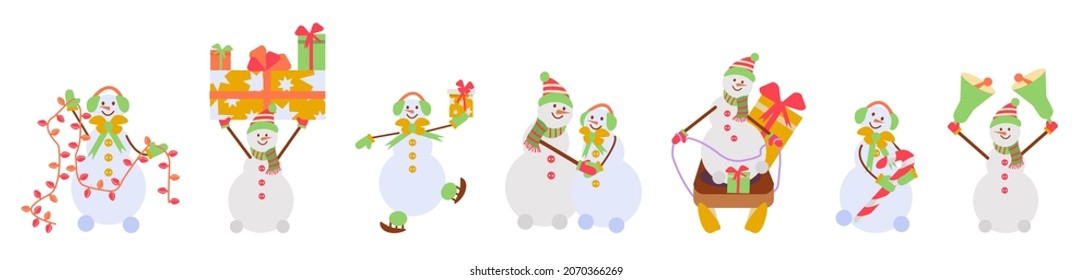 Horizontal border of cute snowman for winter holidays. set of snowmen in love, skating and sledding, untangling garlands, giving gifts. Christmas banner. Vector illustration in a flat cartoon style