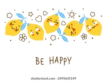 Horizontal border with cute yellow lemon characters isolated on white background for Your happy design