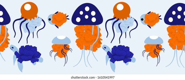 horizontal border with dark blue jellyfish, purple flowers and turtle, perfect to use on the web or in print