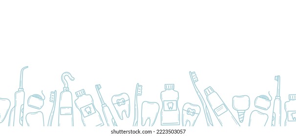 Horizontal border with dental icons along the bottom. Tools for cleaning and treatment of teeth in doodle. Dentistry banner template. Isolated vector illustration in sketch