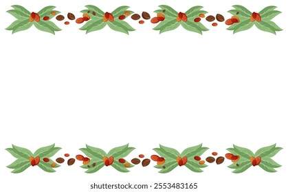 Horizontal border design with coffee leaves, cherries, and beans in a repeating pattern. Perfect for banners, packaging, invitations, or coffee shop menu decor.