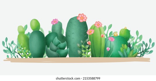 Horizontal border of different succulent, hand drawn style vector illustration isolated on white background.