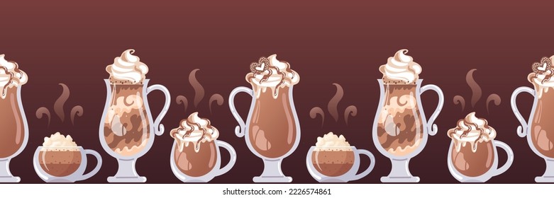 Borde horizontal con diferentes tipos de café. Cappuccino, latte, vidrio y mocha. chocolate caliente en un vaso, crema batida, estilo realista. Ilustración de vectores para menú, café, pegatina