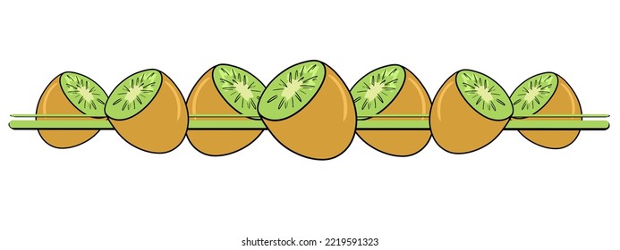 Borde horizontal, borde, mitades jugosas brillantes de kiwi tropical, ilustración vectorial en estilo de dibujos animados sobre un fondo blanco