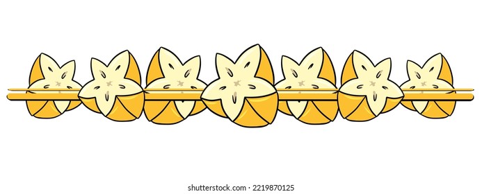 Horizontal border, edge,bright yellow juicy halves of a tropical fruit carambola, vector illustration in cartoon style on a white background