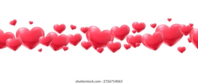 Borde Horizontal de corazones rojos brillantes flotantes sobre fondo blanco. Elemento decorativo romántico para tarjetas de San Valentín, Anuncios, temas de amor, diseños de bodas y diseños festivos.
