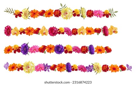 Horizontal border, flowers garlands for Indian religion festive decoration. Panoramic view: aster, chrysanthemum, gerbera, daisy, marigold, orchid. Botanical illustration, watercolor style, vector