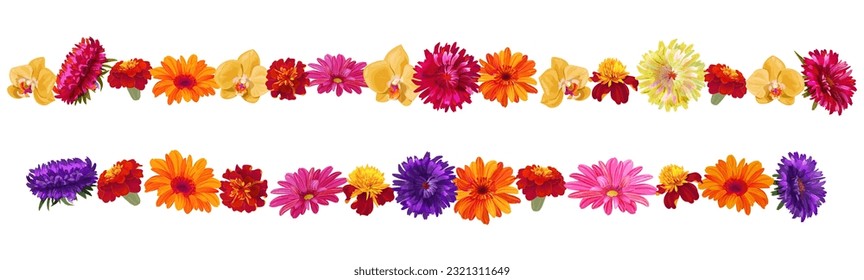 Horizontal border, flowers garlands for Indian religion festive decoration. Panoramic view: aster, chrysanthemum, gerbera, daisy, marigold, orchid. Botanical illustration, watercolor style, vector