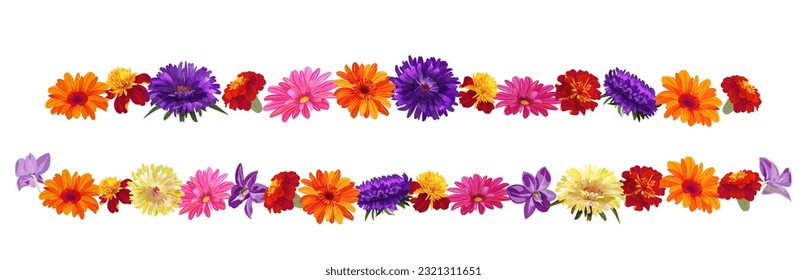 Horizontal border, flowers garlands for Indian religion festive decoration. Panoramic view: aster, chrysanthemum, gerbera, daisy, marigold, orchid. Botanical illustration, watercolor style, vector