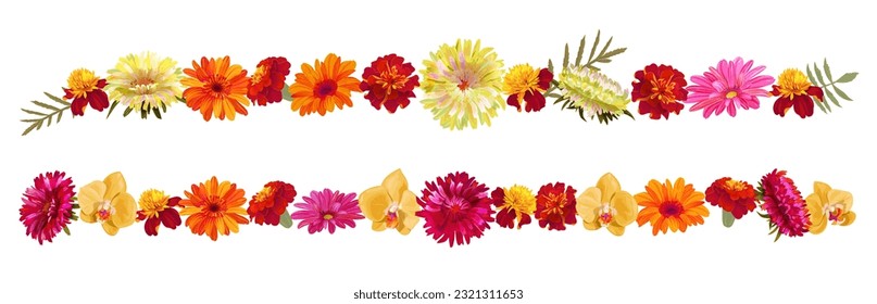 Horizontal border, flowers garlands for Indian religion festive decoration. Panoramic view: aster, chrysanthemum, gerbera, daisy, marigold, orchid. Botanical illustration, watercolor style, vector