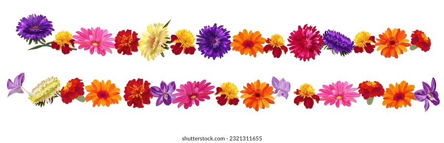 Frontera horizontal, guirnaldas florales para la decoración festiva de la religión india. Vistas panorámicas: Pascua, crisantemo, gerbera, margarita, caléndula, orquídea. Ilustración botánica, estilo acuarela, vector