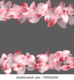Horizontal border of flying petals isolated on grey invitation square background, flower parts wedding decorative frame. Pink blossom elements, flower petals valentines day background border.