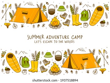 Borde horizontal con elementos de senderismo de montaña y bosques aislados en blanco - objetos de dibujos animados para Su diseño de campamento
