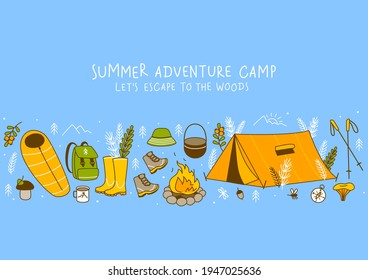 Horizontal border with forest and mountain hiking items on blue background - cartoon objects for Your camping design