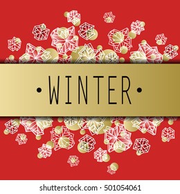 Horizontal border frame. Polygonal trendy style snowflakes on red gold background. Winter holidays snowfall concept label vector illustration stock vector.