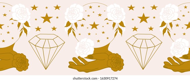 horizontal border with golden hand, crystal globe and white flowers, perfect to use on the web or in print