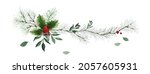 Horizontal border with green pine branches and holly berry on white background. Suitable for decorative in Christmas festival, header design, cover, greeting cards, or invitations.