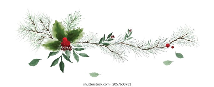 Horizontal border with green pine branches and holly berry on white background. Suitable for decorative in Christmas festival, header design, cover, greeting cards, or invitations.