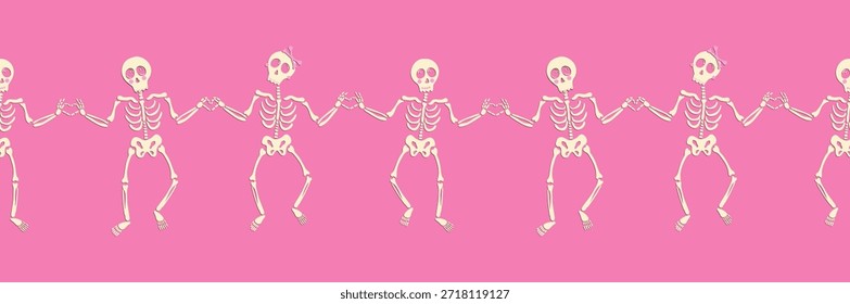 Horizontal border with hand-drawn skeletons gesturing finger hearts. Pink background. Whimsical and cute characters seamless border for digital tapes, ribbons, or website dividers.