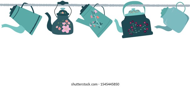 Horizontal border with hanging retro kettles on kitchen rail. Isolated on white background. Space for text. Vector illustration.