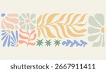 Horizontal border with ink doodle abstract flowers and leaves. Trendy tropical background. Hand drawn vector illustration. Boho, beach, jungle social media banner, card template.