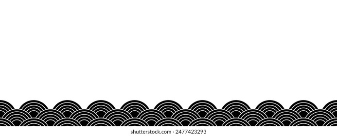 Horizontal border with japanese seigaiha pattern. Black and white scallops print. Fish squama or dragon scale. Sea or ocean waves background. Simple geometric ornament. Vector graphic illustration.