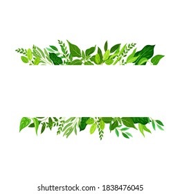 Horizontal Border Lines with Green Leaves or Foliage Vector Illustration