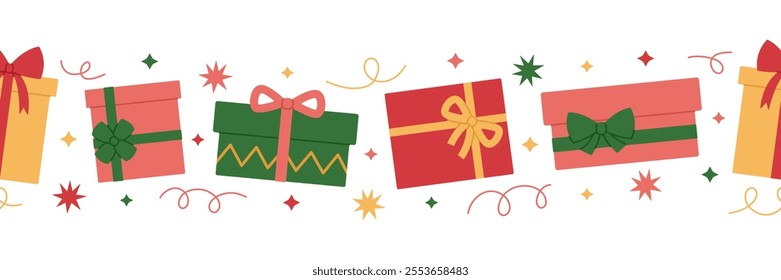 Horizontal border made from colorful gift boxes with bows. Holiday presents. Christmas or birthday repeating template for banner, packaging. Vector flat illustration isolated on white background