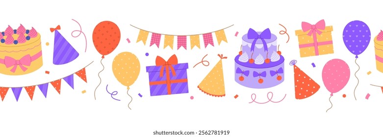 Horizontal border made from party hats, balloons, garlands, gifts, cakes and confetti. Birthday, anniversary repeating template. Holiday background. Vector flat illustration for banner, packaging