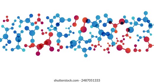 Horizontal border with molecules, data or other tech structure elements. Pharmacy, biotechnology or chemistry design concept. Vector decoration element in red and blue colors