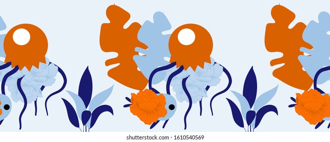 horizontal border with orange jellyfish, fish and flowers and colorful leaves, perfect to use on the web or in print