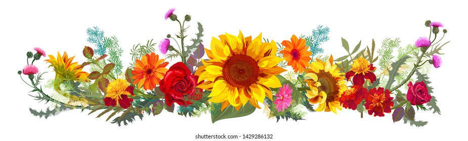 Horizontal Autumn’s Border: Orange Sunflowers, Red Roses, Thistle, Marigold (tagetes), Gerbera Daisy Flowers, Green Twigs On White Background. Illustration In Watercolor Style, Panoramic View, Vector