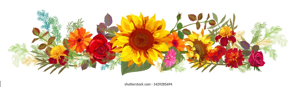Horizontal autumn’s border: orange, yellow sunflowers, red roses, marigold (tagetes), gerbera daisy flowers, green twigs on white background. Illustration in watercolor style, panoramic view, vector