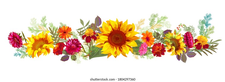 Horizontal autumn’s border: orange, yellow sunflowers, red asters, marigold (tagetes), gerbera daisy flowers, green twigs on white background. Illustration in watercolor style, panoramic view, vector