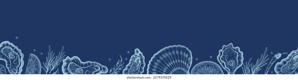 Horizontal border with oysters on a dark blue background. Hand-drawn oysters, lemon slices, herbs, and salt. Hand-drawn seafood delicacies for restaurant and seafood café menus, packaging design. 