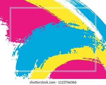 Horizontal border with paint brush strokes background.  Distressed design template for card. Vector border rectangular frame with colorful painted ink brushstrokes watercolor texture.