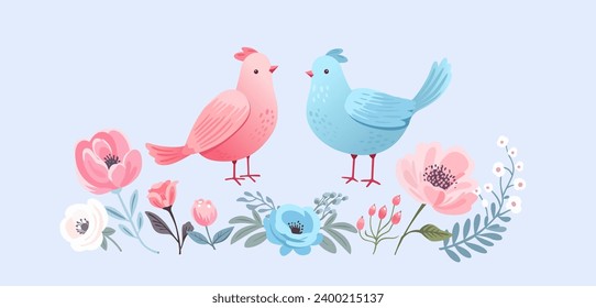 Horizontal border with pastel spring flowers and birds. Spring tender flowers border. Folk motif, greeting card, header for website