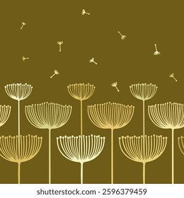 Horizontal border pattern featuring vertical stems with umbel shaped flowers and flying parachute seeds in light beige, yellow and green on a khaki background