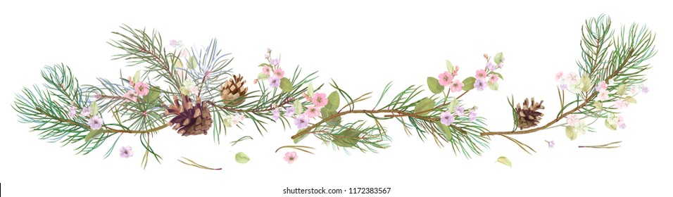 Horizontal border with pine branches, cones, spring blossom. Needles on white background, hand digital draw, watercolor style, decorative botanical illustration for design, Christmas tree, vector