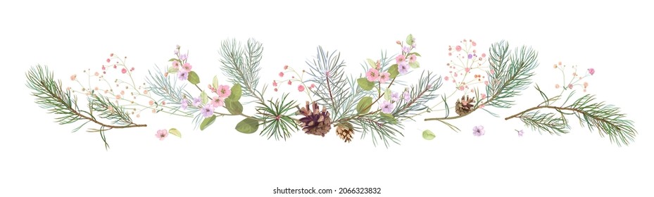 Horizontal border with pine branches, cones, spring blossom. Needles on white background, hand digital draw, watercolor style, decorative botanical illustration for design, Christmas tree, vector
