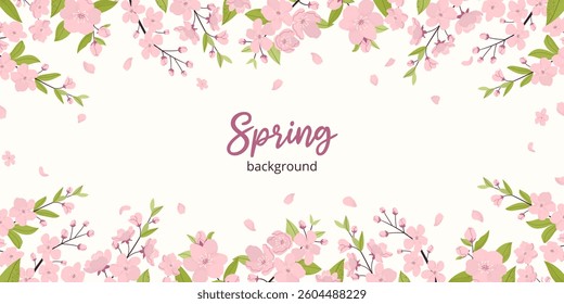 Horizontal border with pink cherry flowers, petals and green leaves on white background. Hand drawn style and grainy texture. Ideal for websites, banner, cover.