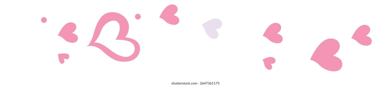 Horizontal border of pink hearts scattered with playful layout, ideal for dividers, banners, Valentine cards, and romantic design materials.