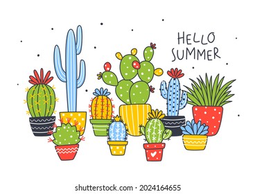 Horizontal border with сactus plants isolated on white - cartoon objects for happy summer design