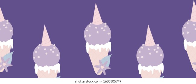 horizontal border with purple unicorn ice cream, perfect to use on the web or in print