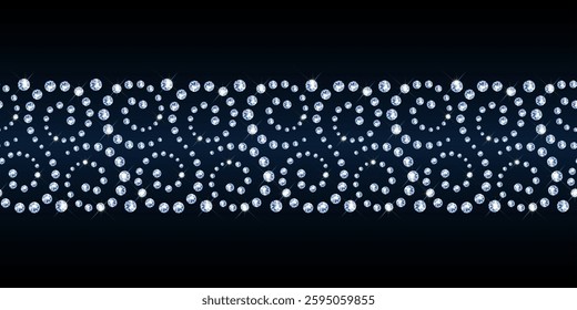 Horizontal border of realistic diamonds on black background. Jewelry design swirls with shiny diamonds. 